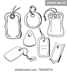 Set of hand drawn different shaped tag for cloth and other goods. Vector illustration. Isolated on white background. Element for your designs, decoration.