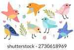Set with hand drawn different spring birds. Isolated crayon illustration.