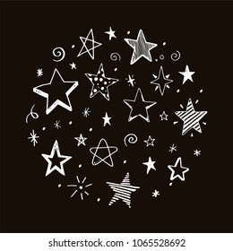 Set of hand drawn different stars painting by brush-pen. Vector illustration. Doodle sketch style star elements for kids and baby textile, cloth, banner, gift card design. 