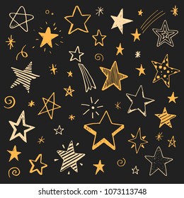 Set of hand drawn different stars painting by brush-pen. Vector illustration. Doodle sketch style star elements for kids and baby textile, cloth, banner, gift card design. 