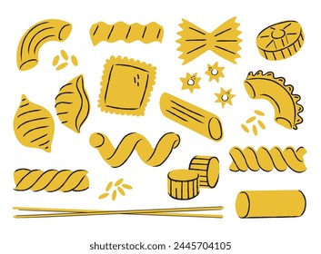 Set with hand drawn different type of Italian pasta. Sketch style vector macaroni collection. Conchiglie, ravioli, spaghetti, ruote, rigatoni, farfalle, penne, gomiti, cannelloni, fusilli, gemelli.