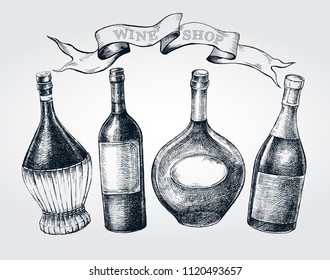 Set of hand drawn different types of wine bottles with vintage ribbon. Ink hand drawn Vector illustration. design element for a wine shop.