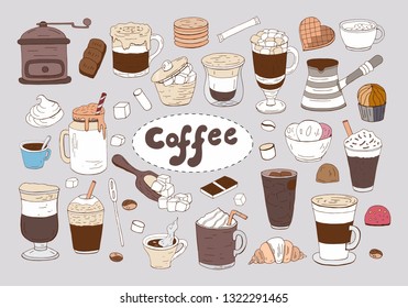 Set of hand drawn different types of coffee on the light background. For cafe menu.