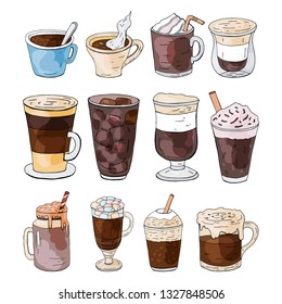 Set of hand drawn different types of coffee isolated on white background. Vector coffee collection