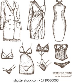 Set with hand drawn different types of women's clothing.  Elements isolated on white background.  Brown and white sketch with line art.