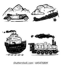 Set of hand drawn different types of vehicle in cartoon style. Vector illustration. Travel concept. Car, plane, ship and train on a transparent background.