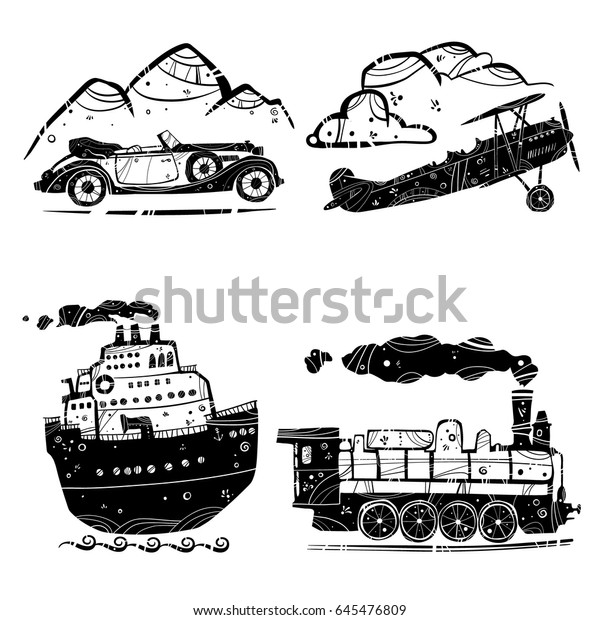 Set of hand drawn different types\
of vehicle in cartoon style. Vector illustration. Travel concept.\
Car, plane, ship and train on a transparent\
background.