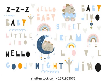 Set of hand drawn dino quotes, phrases and words. Graphic design for t-shirt, posters, greeting cards. Vector illustration. Dinosaurs theme for dino collection. Boho colors.