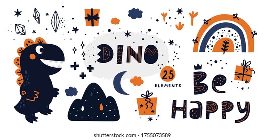 Set of hand drawn dinosaur isolated on white background with different design elements. Rainbow, magic crystal, moon, mountain, gift box, stars, sparks, dino, lettering in doodle style for kids design