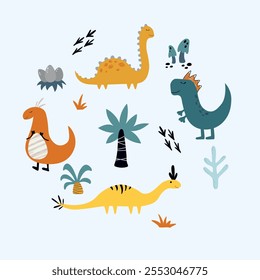 Set of hand drawn dinosaurs with cute elements in children style. Doodle and scribble vector collection with prehistoric animals