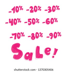 Set of hand drawn discount. Pink percents temmplate for store sales. Vector elements set isolated on white