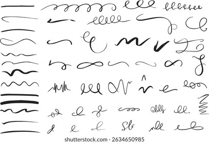 set of Hand drawn set of divider underline curly swishes swashes swoops swirl signature Highlight text elements doodle vector illustration