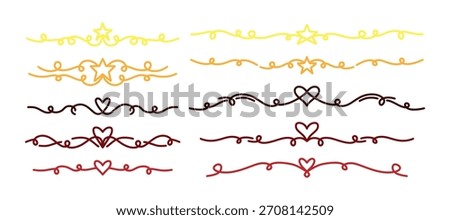 Set hand drawn dividers and borders with star and heart doodle accents. Simple and cute vector elements for notes, headers, and decorative design. festive dividers for Christmas designs.