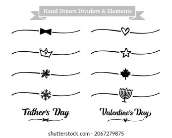 Set of hand drawn dividers shape and elements for holiday. Black bow, heart, snow, leaf, flower, star, crown, menorah for christmas, wedding, mothers, fathers or valentines day. Vector illustration
