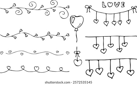 Set of hand drawn dividing for valentine day greeting card letter Garland with hanging hearts Black silhouette brush strokes isolated on white background