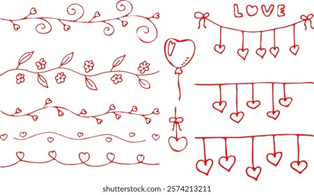 Set of hand drawn dividing for valentine day greeting card letter Garland with hanging hearts Red silhouette brush strokes isolated on white background