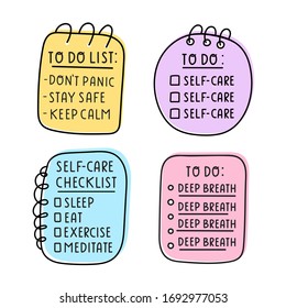 Set of hand drawn to do lists. Self care concept. Vector illustration design on white background.