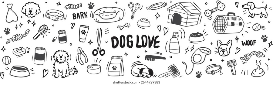 Set of hand drawn dog care and accessories doodle vector set 
