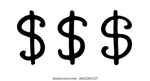 Conjunto de símbolo de moneda de dólar dibujado a mano. Pincelada doodle. Elemento único para el diseño