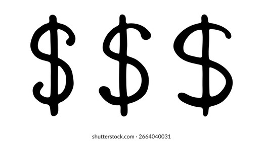 Set of hand drawn dollar currency symbol. Brush stroke doodle. Single element for design