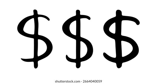 Conjunto de símbolo de moneda de dólar dibujado a mano. Pincelada doodle. Elemento único para el diseño
