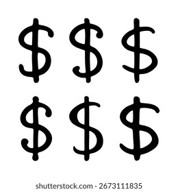 Conjunto de símbolo de moeda desenhada à mão em dólar. Rabiscar de traçado de pincel. Elemento único para design