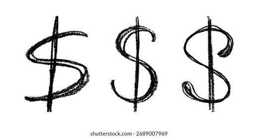 Set of hand drawn dollar currency symbol. Brush stroke doodle. Single element for design