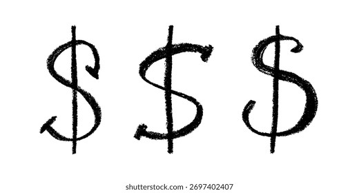 Conjunto de símbolo de moneda de dólar dibujado a mano. Pincelada doodle. Elemento único para el diseño