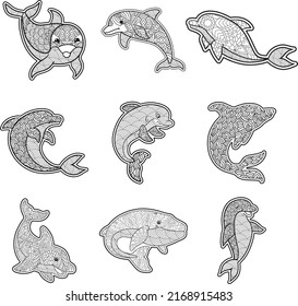 Set Of Hand Drawn Dolphin Zentangle Style