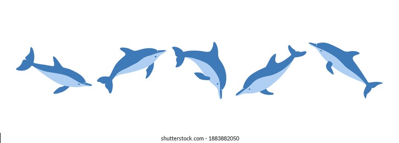Set of hand drawn dolphins. Isolated vector illustration in flat style on white background