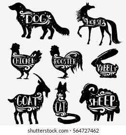 Set of hand drawn domestic animals. Silhouettes with lettering. Dog, horse, chicken, rooster, rabbit, goat, cat, sheep. Vector. Isolated.