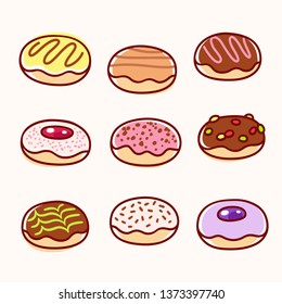 Set of hand drawn donut doodles. Different glazed jelly filled donuts vector illustration.