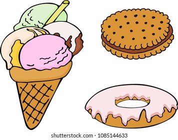 Set of hand drawn donut, ice cream, biscuit. Vector color illustration