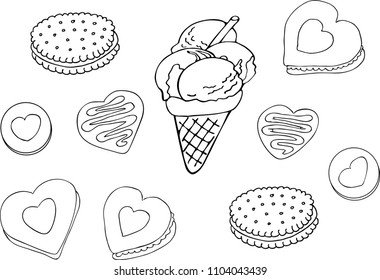 Set of hand drawn donut, ice cream, biscuit. Vector color illustration on white background