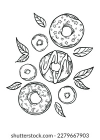 Set of hand drawn donut illustration vector tasty food drawing
