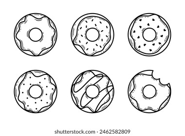 Set of hand drawn donuts. Donuts in glaze, assorted kids sweets, pastries for menu design, cafe decoration. Donut isolated on white background. Vector outline illustration