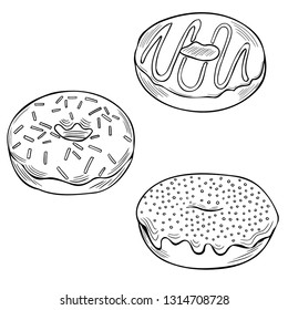 Set of Hand drawn donuts isolated in vector. Doodle dessert