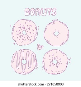 Set of hand drawn donuts isolated in vector. Sweet lettering. Doodle dessert illustration. Food design