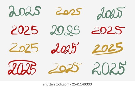 Set of hand drawn doodle 2025 text designs in various styles and colors. Ideal for New Year themes, greeting cards, and festive decorations, adding a creative, personalized touch to 2025 visuals