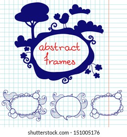 Set of hand drawn doodle abstract frames. Notebook doodles on squared paper background.