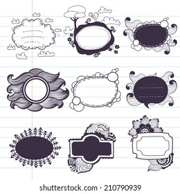 Set of hand drawn doodle abstract frames, boarders, tags and labels on lined paper background.