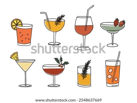 Set of hand drawn doodle alcoholic drinks, cocktails with orange lemon, slices, ice, strawberry and cherries. Happy New Year celebration, birthday party. Isolated vector icons, line illustration