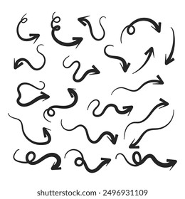 Conjunto de signos de flecha de doodle dibujados a mano aislados sobre fondo blanco