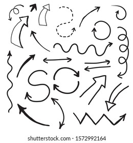 Set of hand drawn doodle arrows. Collection of vector elements, isolated on white.