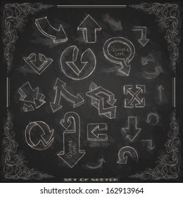 Set Of Hand Drawn Doodle Arrows On Blackboard. Vector Illustration. Eps 10