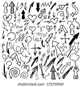 Set hand drawn doodle arrows black silhouette isolated - vector 