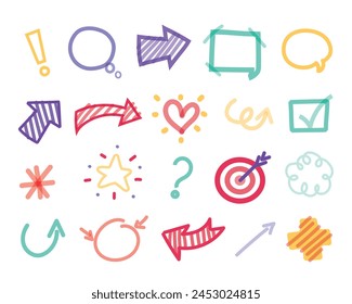 set of hand drawn doodle arrows, circle, star, heart, circle and arrow, vector illustration