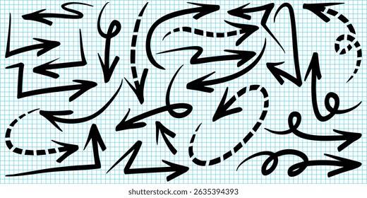 set of hand drawn doodle arrows in various styles on a blue grid paper background. Includes curved, zigzag, spiral, and dashed arrows ideal for presentations, infographics, notes.