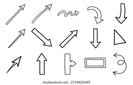 Satz handgezeichneter Doodle-Pfeile in verschiedenen Formen und Richtungen für Designelemente