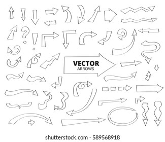 Set of hand drawn doodle arrows. Pen design elements isolated on white, vector illustration. 